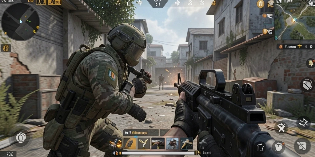 Tangkapan layar dari gameplay intens 73K yang menampilkan aksi FPS.