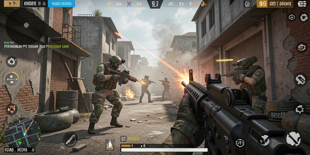 Screenshot gameplay KNO89 menampilkan aksi pertempuran yang intens di arena FPS.