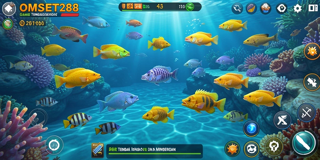 Tangkapan layar menunjukkan gameplay seru dalam <strong>OMSET288</strong> saat menembak ikan.